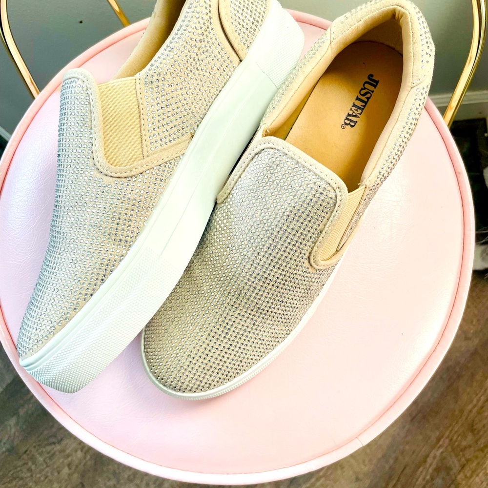 Never worn Just Fab glitter slip on canvas shoes.